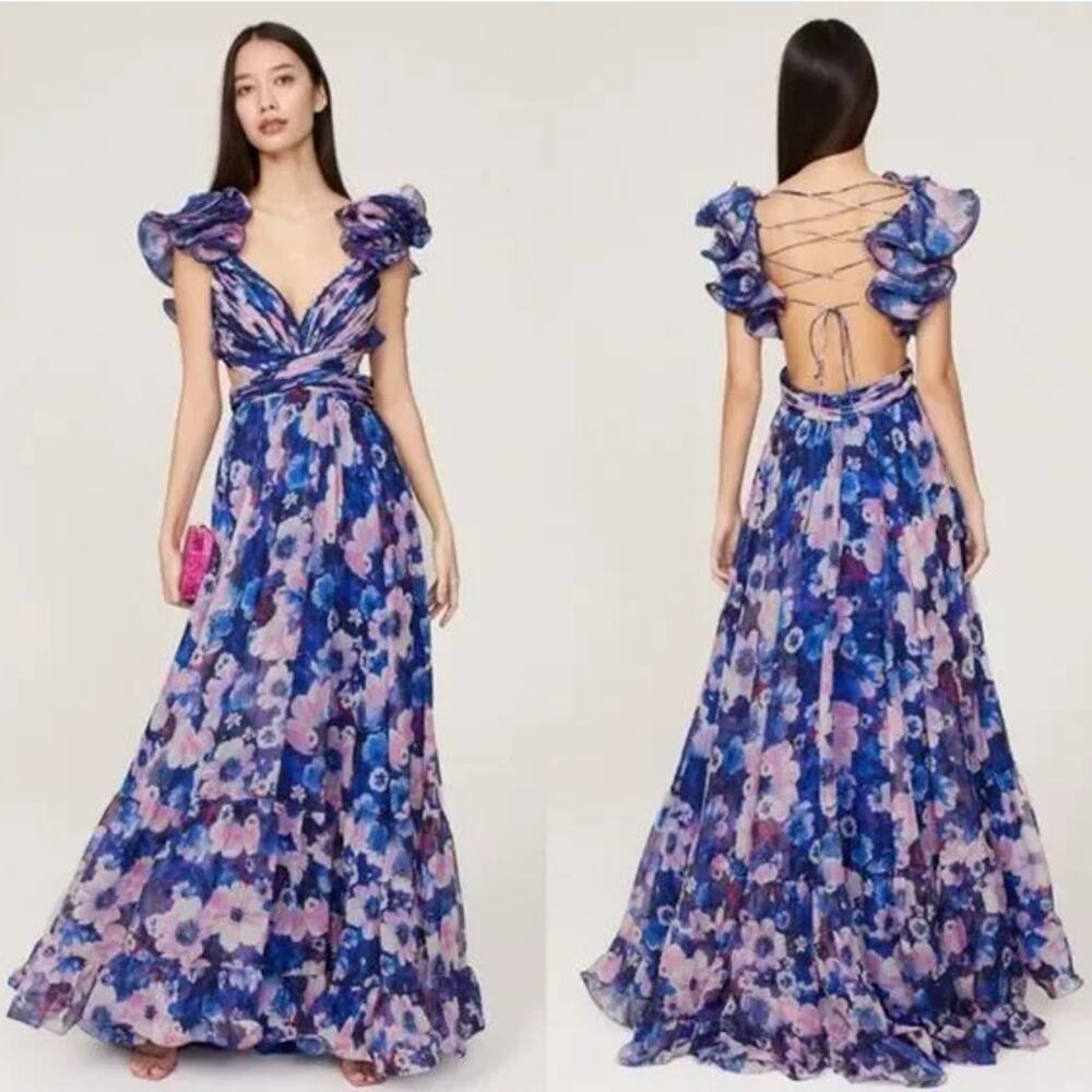 Mac Duggal Floral Cutout Gown Ruffle Sleeveless Lace-Up Backless Maxi Dress